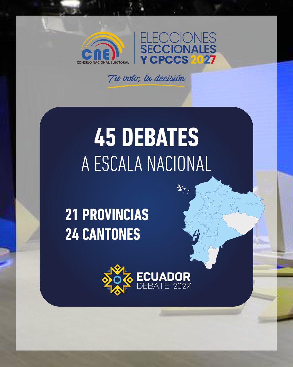 cnegobec's tweet photo. 🗣️🇪🇨 | Los #DebatesElectoralesEc obligatorios para las dignidades de prefecturas y alcaldías se desarrollarán en las jurisdicciones con más de 100.000 electores. 🗾

🗳️ A través de Ecuador Debate garantizamos el intercambio de ideas y la presentación de propuestas de las y los candidatos en igualdad de condiciones. 🫱🏻‍🫲🏼

#Elecciones2027Ec ✅