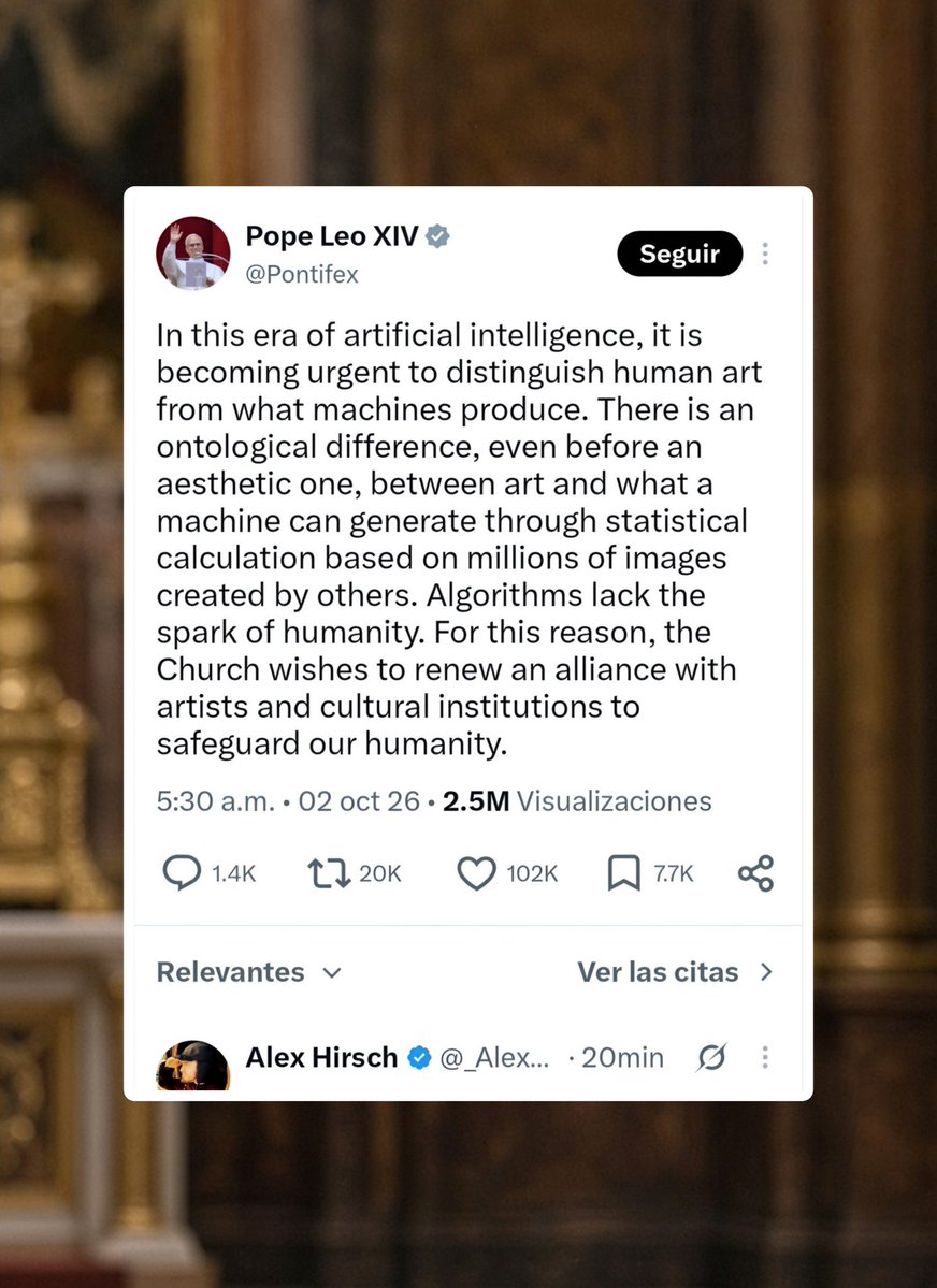 CartoonsOTMoon's tweet photo. El papa León XIV anunció que la Iglesia buscará renovar la histórica alianza con los artistas para 'salvaguardar nuestra humanidad':

💬 «En esta era de la IA, se vuelve urgente distinguir el arte humano de lo que producen las máquinas». https://t.co/YvRUKUl8ad