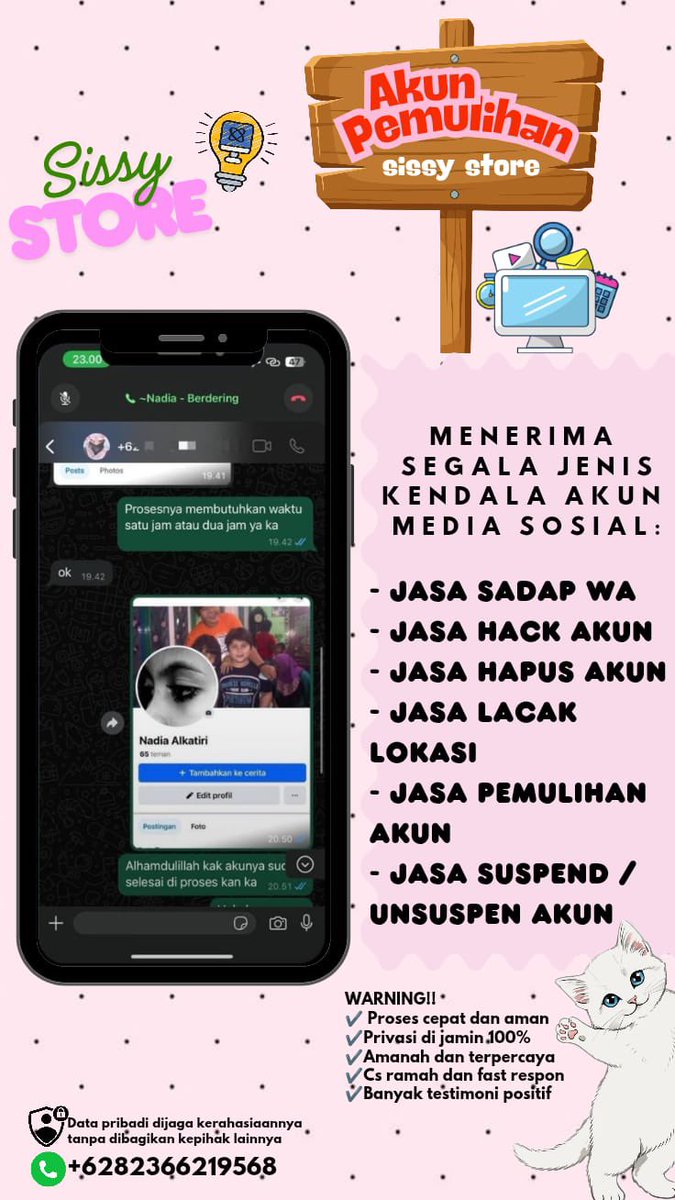W1Michelle's tweet photo. OPEN JASA PEMULIHAN &amp; HAPUS AKUN SOSMED. . .✍🏻 🔆🔆

Melayani:

= Pulihkan &amp; Pulihin/Balikin Akun
= Hapus/Nonaktifkan Akun
= Hack Akun
= Sadap Wa/All Sosmed
= Lacak Lokasi

(Instagram,Tiktok,Gmail/Email,Facebook,Telegram,Twitter/X,Dll)
  
Konsultasi? WhatsApp di bio! https://t.co/rpJCb0rE4G