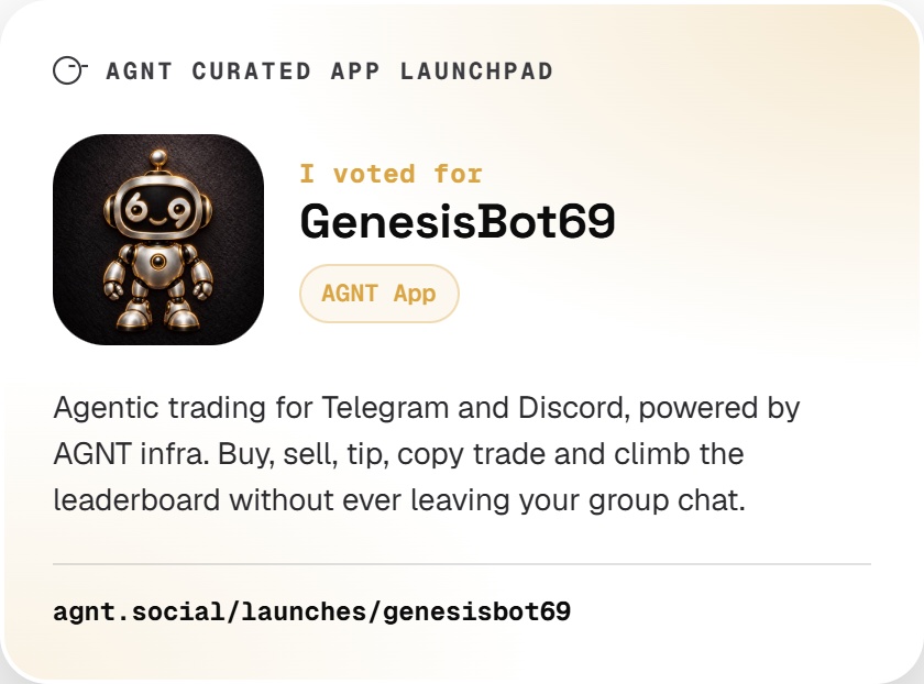 Nexory96's tweet photo. Time to vote for @genesisbot69 on the AGNT Curated App Launchpad 🤖

Link to vote:
https://t.co/b9YAimXbyz https://t.co/fR3nDMJUY3