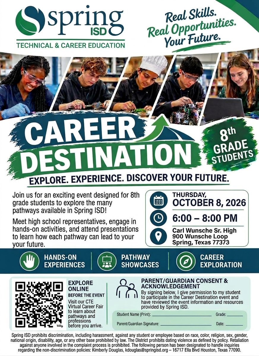 SpringISD_CTE's tweet photo. 8th graders, join us Oct. 8, 6–8 PM, at Carl Wunsche Sr. HS to explore CTE pathways across Spring ISD!

🍕 The campus with the HIGHEST STUDENT ATTENDANCE wins a PIZZA PARTY!

Sponsored by LevelUp Texas, an initiative of Texas A&amp;M University Office for Youth Engagement
@SpringISD https://t.co/emAKGy2mz1