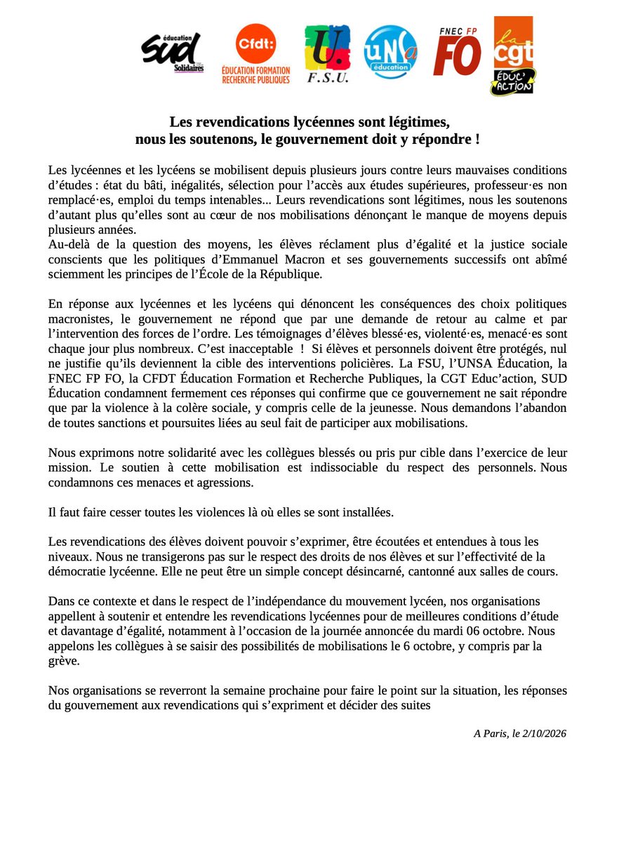 InfosOuvrieres's tweet photo. 🚨 MOBILISATION LYCÉENNE - « Nous appelons les collègues à se saisir des possibilités de mobilisations le 6 octobre, y compris par la grève. » communiqué des fédérations nationales de l’Education https://t.co/FbO0vCzPZI