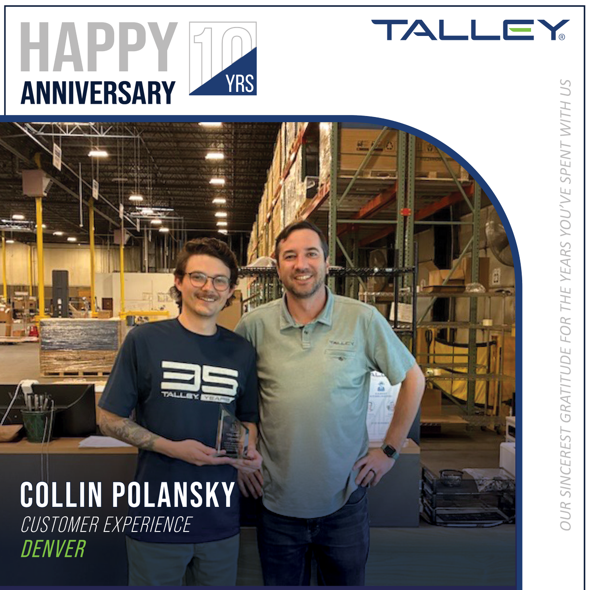 TalleyLLC's tweet photo. Cheers to Collin Polansky from our Denver facility for hitting the incredible milestone of 10 years with Talley! Your dedication to Service Excellence has truly made a difference for our customers and team alike!
.
.
.
#TalentAtTalley #ServiceExcellence #WeLoveOurEmployees https://t.co/4FyymMaVZY