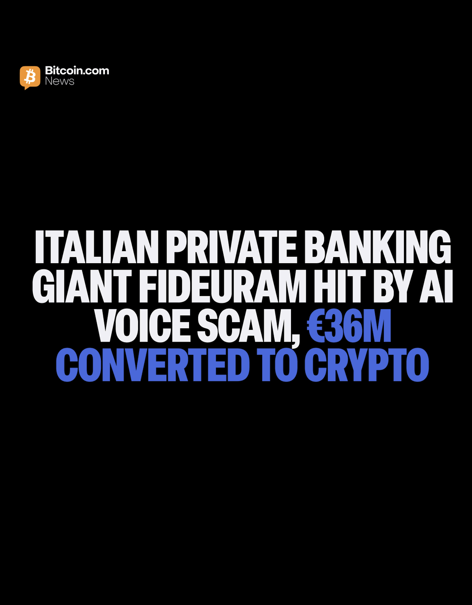 BitcoinNews's tweet photo. NEW: 🇮🇹 Italian private banking giant Fideuram was hit this week by an AI voice scam converting ~€36M into crypto.

📲 Former Chairman Paolo Molesini transferred €95M overseas after receiving a WhatsApp message and AI-generated voice call impersonating Intesa Sanpaolo's CEO. https://t.co/G6GKie6lnA