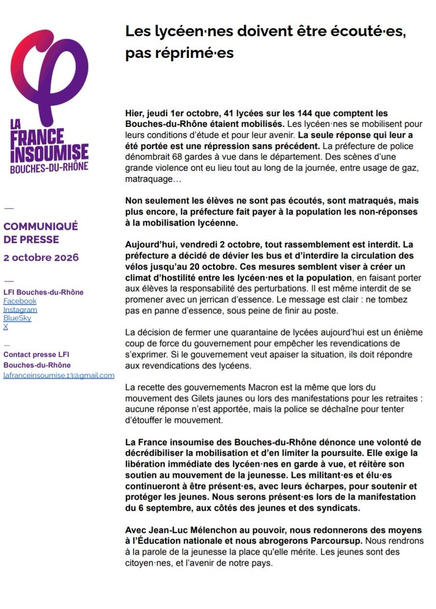 lfidep13's tweet photo. 🚨 Hier, 41 lycées mobilisés dans les Bouches-du-Rhône. La réponse ? 68 gardes à vue et une répression massive.

Nous exigeons la libération des lycéen•nes et la prise en compte de leurs revendications.

RDV ce mardi 6 octobre aux côtés des lycéens et syndicats ! https://t.co/hBRBtLiBBu