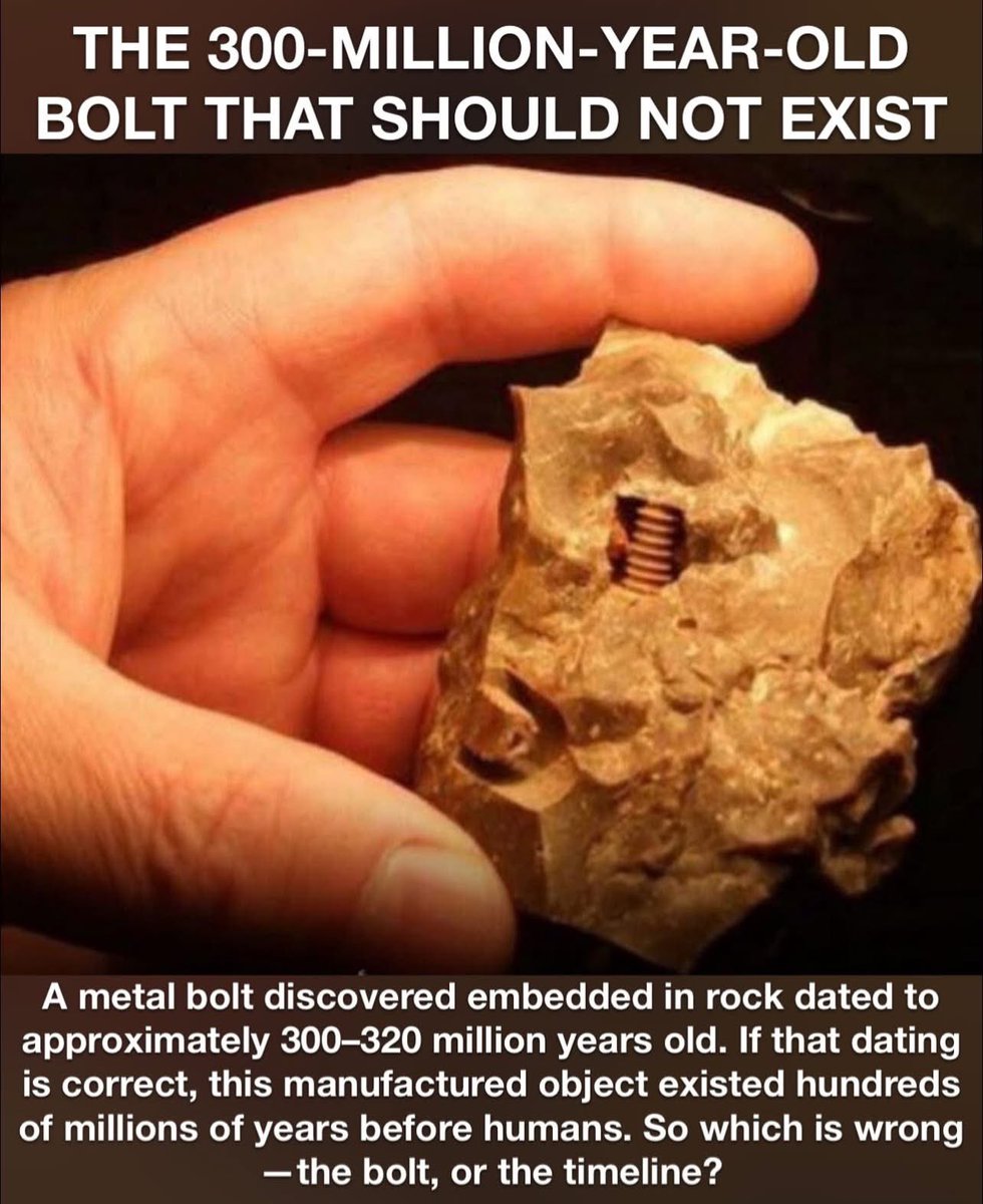 NotEvolution1's tweet photo. In 1998, Russian scientists discovered a metal bolt embedded inside a piece of rock that was dated to approximately 300–320 million years old. https://t.co/DtrJwKh2tT
