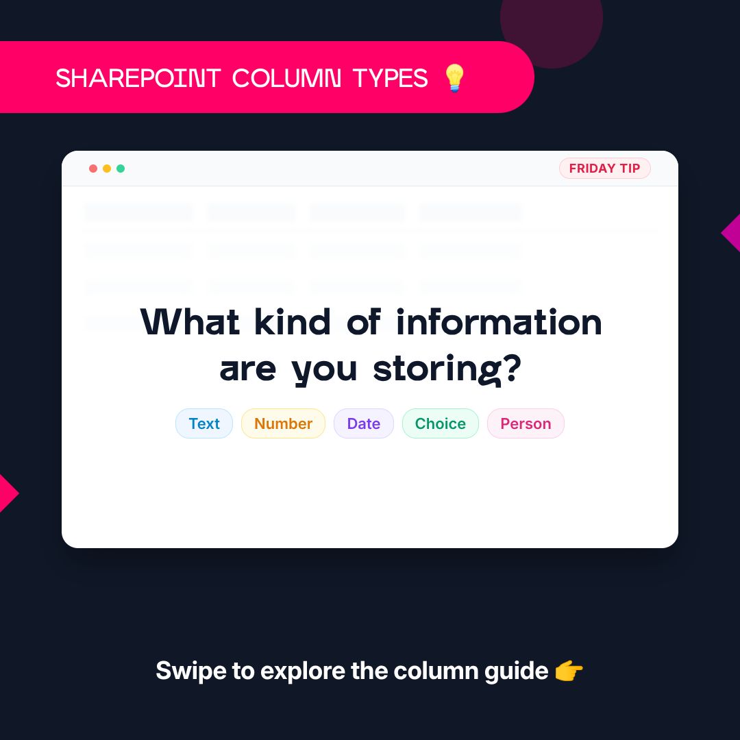 avantithq's tweet photo. AvantIT Friday Tip 💡

SharePoint Essentials: Column Types

→ Text — names
→ Number — costs
→ Date — deadlines
→ Choice — options
→ Person — users
→ Lookup — related lists

💡 Choose the right type for your data.

#AvantIT #SharePoint https://t.co/Xa0lbn6zHk