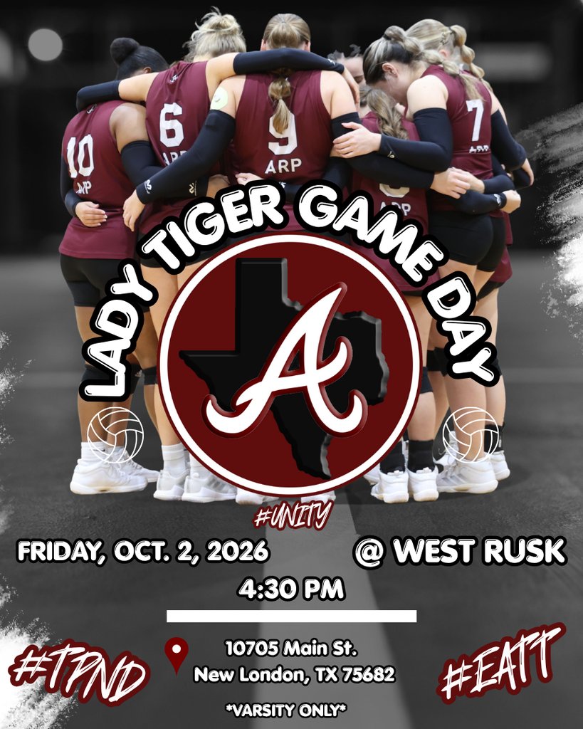 ArpISD's tweet photo. BATTLE FOR 838 IN NEW LONDON: Our Arp H.S. Lady Tigers🐅🏐 open the second half of district play Friday at rival West Rusk. Make the short drive & show plenty of #TPND for them.
Just a varsity contest, & it starts at 4:30pm.
#EATT #UNITY #bEASTtexas #txhsvb https://t.co/pWx2gadlmX