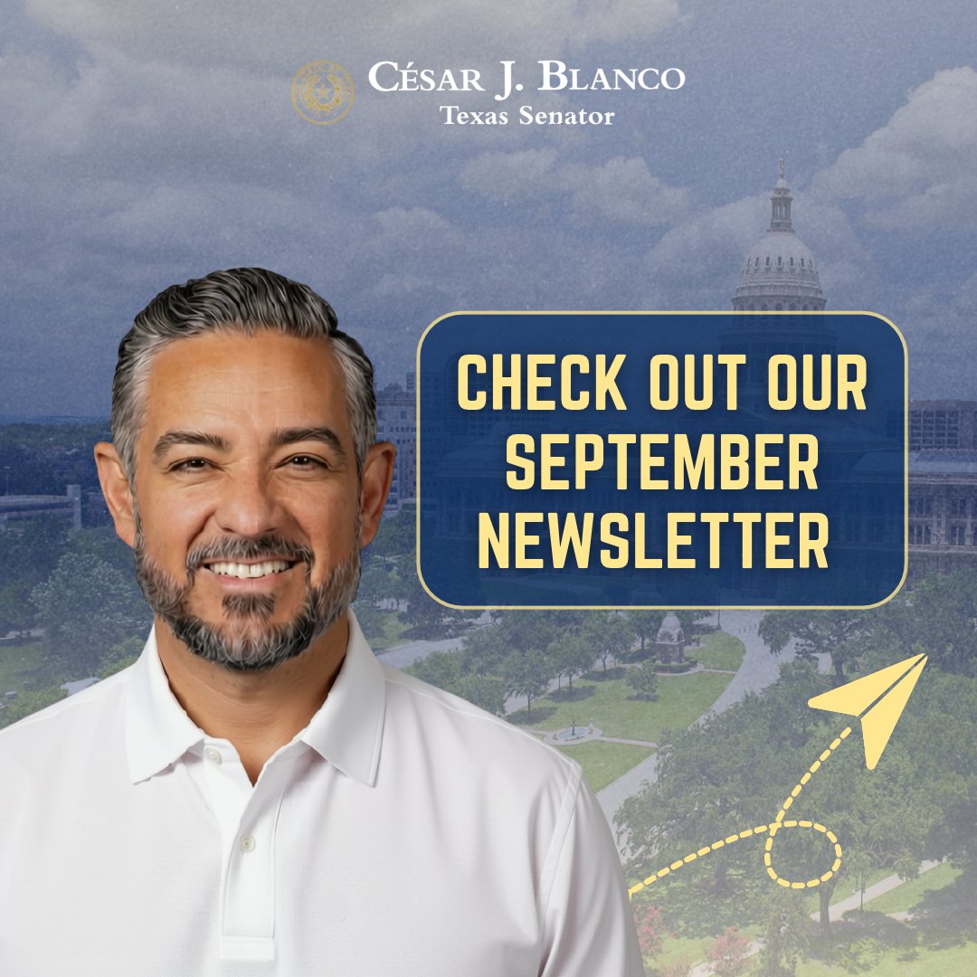 CesarJBlanco's tweet photo. Curious what we’ve been up to around #SD29?
Our September newsletter is out! From work at the Capitol to community updates, events, and a few highlights from the month, we’ve got a lot to catch you up on.
Take a look and stay in the loop with our office at the link below! #txlege https://t.co/UgEERX9DG8