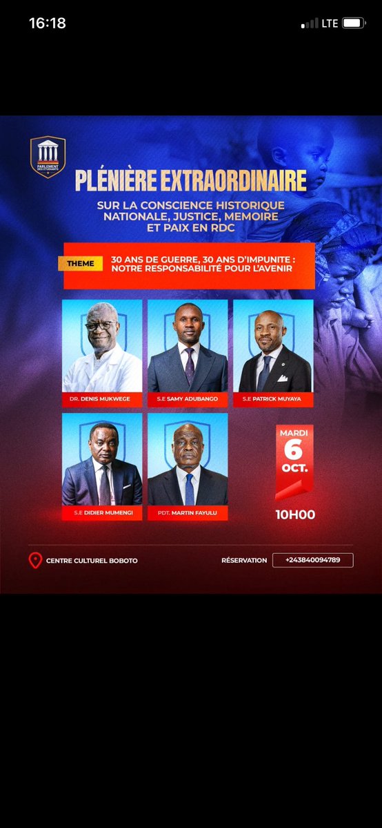 NimiVictoire's tweet photo. Plénière extraordinaire sur la conscience historique, justice et paix en RDC.
Thème : 30 ans de guerre, 30 ans d'impunité : notre responsabilité pour l'avenir.
Mardi 06 Oct, 10h00, Centre Culturel Boboto.
Avec Dr Mukwege, @PatrickMuyaya,@MartinFayulu @DenisMukwege . https://t.co/QgXfS7obj8