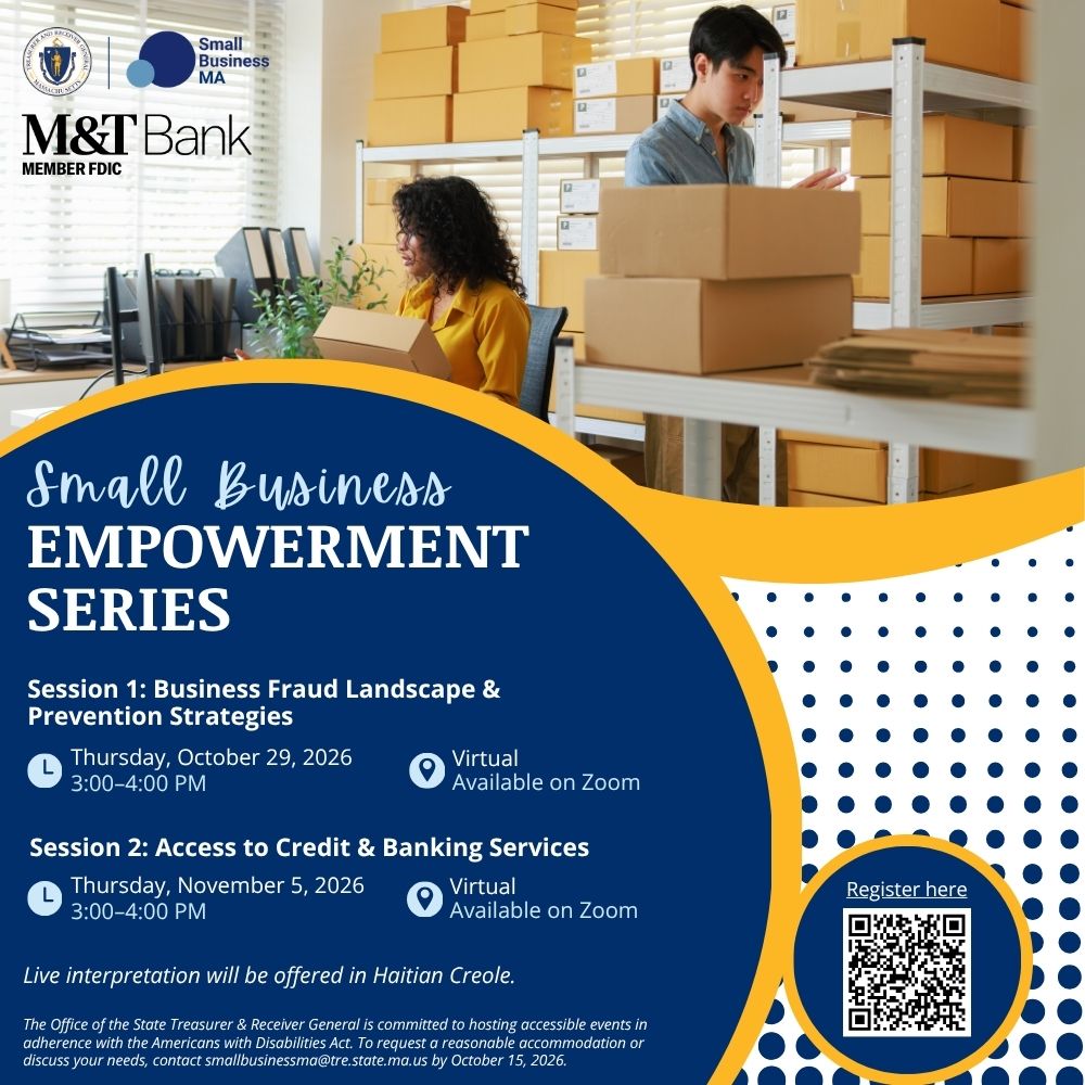 MassTreasury's tweet photo. Our Small Business Initiative is back with another empowerment series with @MandT_Bank! Join us October 29th and November 5th for resources about growing and protecting your business. 

Register here: https://t.co/z5YzGeTcHI https://t.co/gtzEsPTCMn
