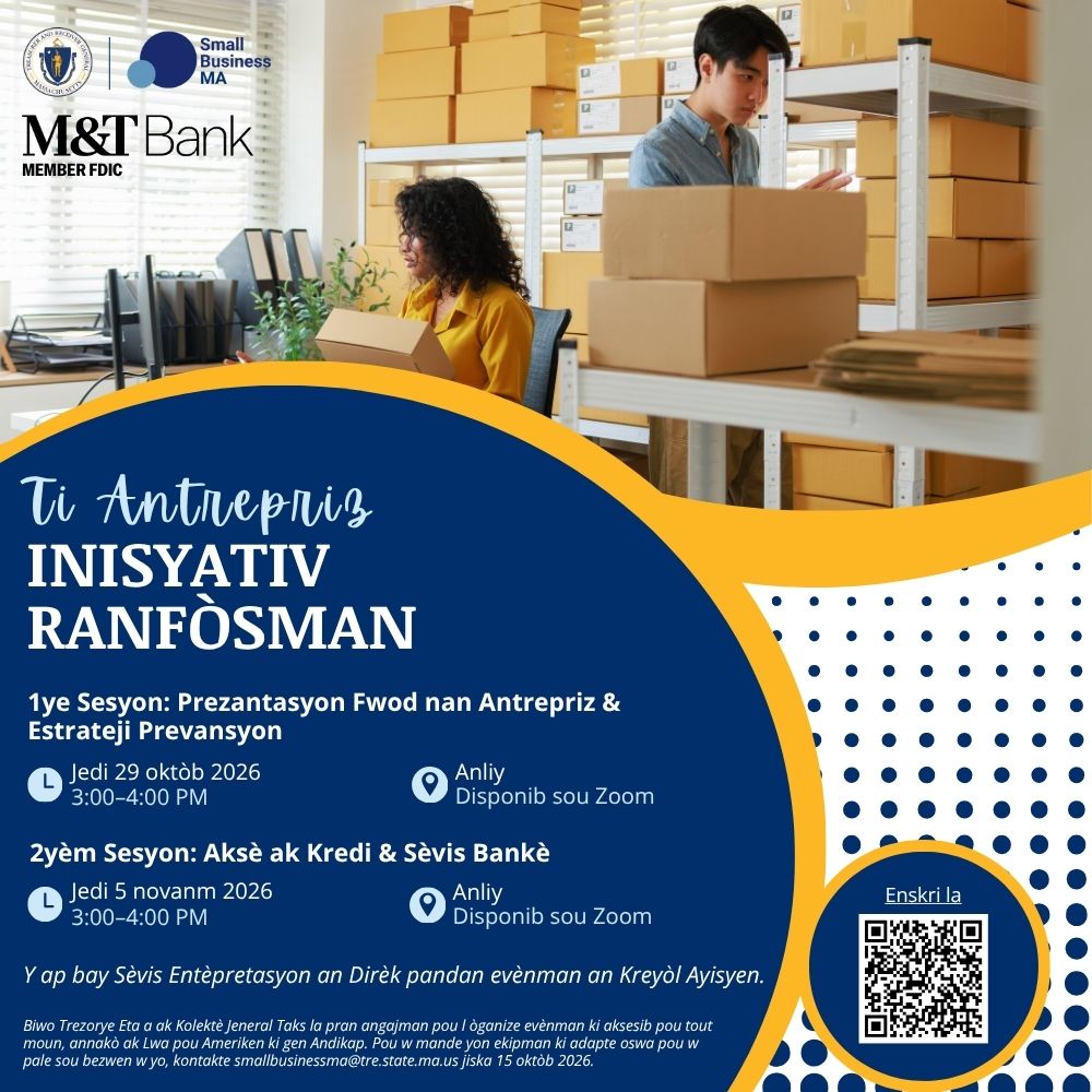 MassTreasury's tweet photo. Our Small Business Initiative is back with another empowerment series with @MandT_Bank! Join us October 29th and November 5th for resources about growing and protecting your business. 

Register here: https://t.co/z5YzGeTcHI https://t.co/gtzEsPTCMn
