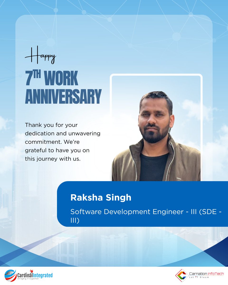 Int_Cardinal's tweet photo. Work Anniversary Alert! 🎉

Happy Work Anniversary to Raksha Singh and Prashant Gupta.

Since joining #CCG, their professionalism and collaborative spirit have made a real difference every day.

Here’s to continued success! 🥂

#WorkAnniversary #Milestone #Achievement #CCG https://t.co/W1HKcg1lZk