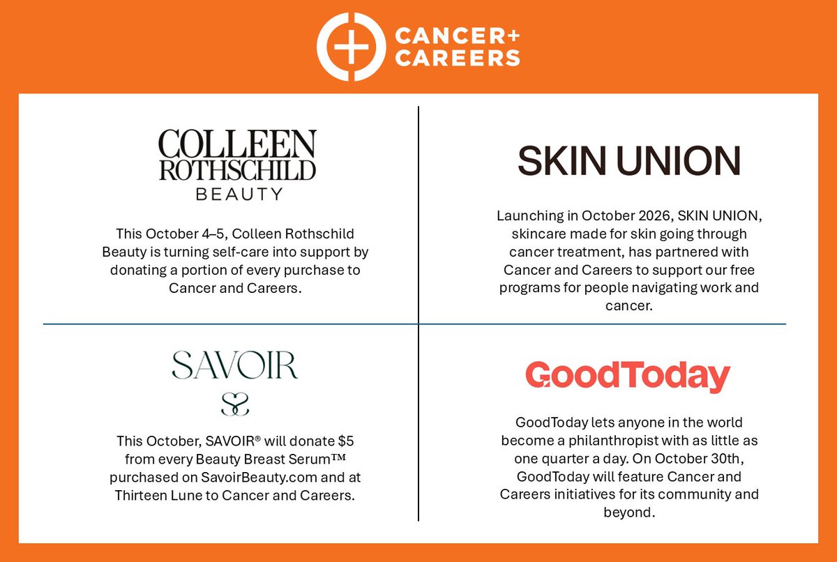 CancerAndCareer's tweet photo. As part of #BreastCancerAwarenessMonth, @ColRothschild, Skin Union, Savoir and @GoodToday  have partnered with CAC to support our one-of-a-kind programs! To Shop for a Cause, visit: https://t.co/XlKF6OpKLD

#bethebossovercancer #BCAMonth #ShopForACause https://t.co/le34PiSjnJ