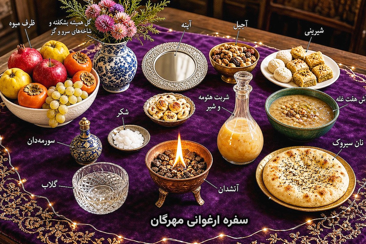 raminfallahh's tweet photo. جشن مهرگان، جشن پیروزی روشنایی بر تاریکی را
به شاهنشاه رضاشاه دوم و دودمان پادشاهی پهلوی
و ملت بزرگ ایران خجسته باد میگوییم؛

اینم سفره ارغوانی مهرگان و محتویات این سفره
مهمترین نکته‌اش وجود آتش‌دان در سفره جشنه

فریدون چو شد بر جهان کامکار
ندانست جز خویشتن شهریار

به رسم کیان تاج و تخت مهی
بیاراست با کاخ شاهنشهی

به روز خجسته سر مهر ماه
به سر برنهاد آن کیانی کلاه

زمانه بی اندوه گشت از بدی
گرفتند هر کس ره بخردی

دل از داوری‌ها بپرداختند
به آیین، یکی، جشن نو ساختند

نشستند فرزانگان، شادکام
گرفتند هر یک ز یاقوت، جام

#جاویدشاه