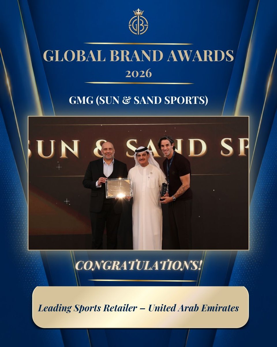 GlobalBrandsMag's tweet photo. Congratulations to GMG (Sun &amp; Sand Sports) on winning at the Global Brand Awards 2026!

#GlobalBrandAwards2026 #GlobalBrandsMagazine #BrandAwards #Branding #GlobalBrands #AwardWinners #BrandExcellence #GMG https://t.co/bvCv4X2Mct