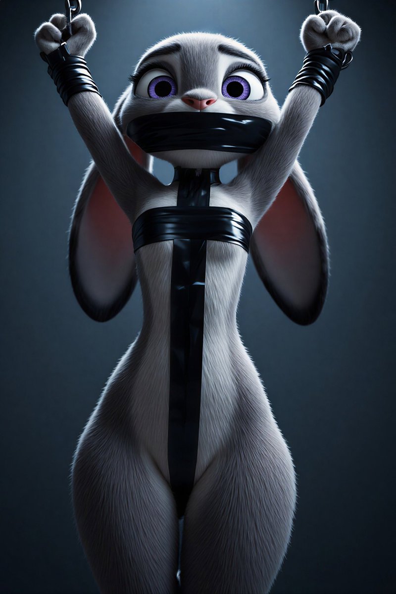 Ai__Immersion's tweet photo. Completely at their mercy.  Wrapped in black tape, silenced and suspended. The officer who always catches criminals... now can't even speak. Who's in control now? 🖤
#JudyHoppsNSFW #ZootopiaNSFW #BunnyBondage #DuctTape #NSFWArt #SpicyZootopia #AIArt https://t.co/vrGKQbzQQk