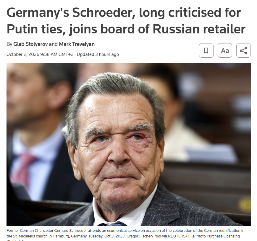 jakluge's tweet photo. Gerhard Schröder is once again monetizing his access to Putin: Schröder joined the board of Hyperglobus, a German-owned retailer that still operates (and actively expands) in Russia. A few days after Metro was expropriated by Putin, Hyperglobus has bought itself life insurance. https://t.co/Jfl5oPFv7A