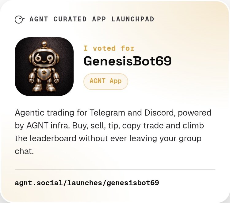 BenCRWarrior's tweet photo. I voted for GenesisBot69 on the AGNT Curated App Launchpad 🗳️

Check out the builders launching with AGNT:
https://t.co/QQER0l0vh4 https://t.co/aYFMcIF9UP
