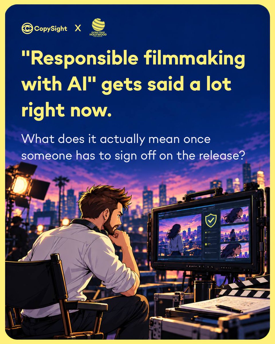 CopySightAI's tweet photo. "Responsible AI" is the studio phrase of the year. At E&O renewal the insurer asks something narrower: what's in the file, and who checked it?

We're on the Global Stage Hollywood panel at the TCL Chinese Theatre tomorrow to talk about exactly that. Oct 3, LA.

Get your tickets: https://t.co/k2cXxnDr4m
