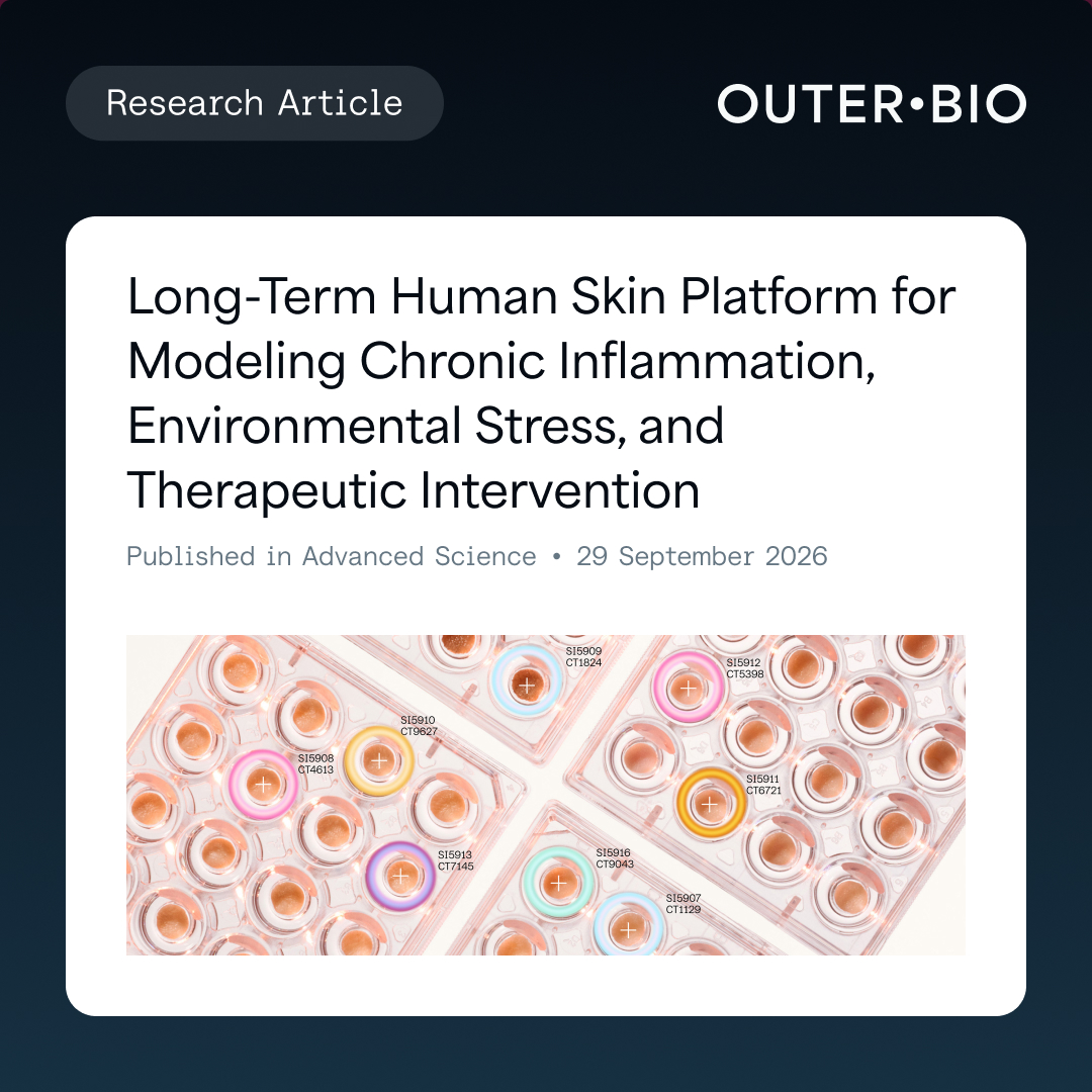 OuterBio's tweet photo. Advanced Science published a peer-reviewed study demonstrating the capabilities of Yuna, our ex vivo human-skin platform that keeps full-thickness skin alive and measurable for over four weeks, with its native architecture and immune function intact.

Yuna was built around a simple problem: much of the biology that determines how human skin ages, responds to stress, and reacts to treatment unfolds over weeks, while standard ex vivo skin models typically remain viable for only days.

The paper shows Yuna maintaining full-thickness human skin over that window and capturing complex biological processes, including chronic inflammation, cellular senescence, and the skin’s response to UVB exposure.

Read the full paper in the comments.