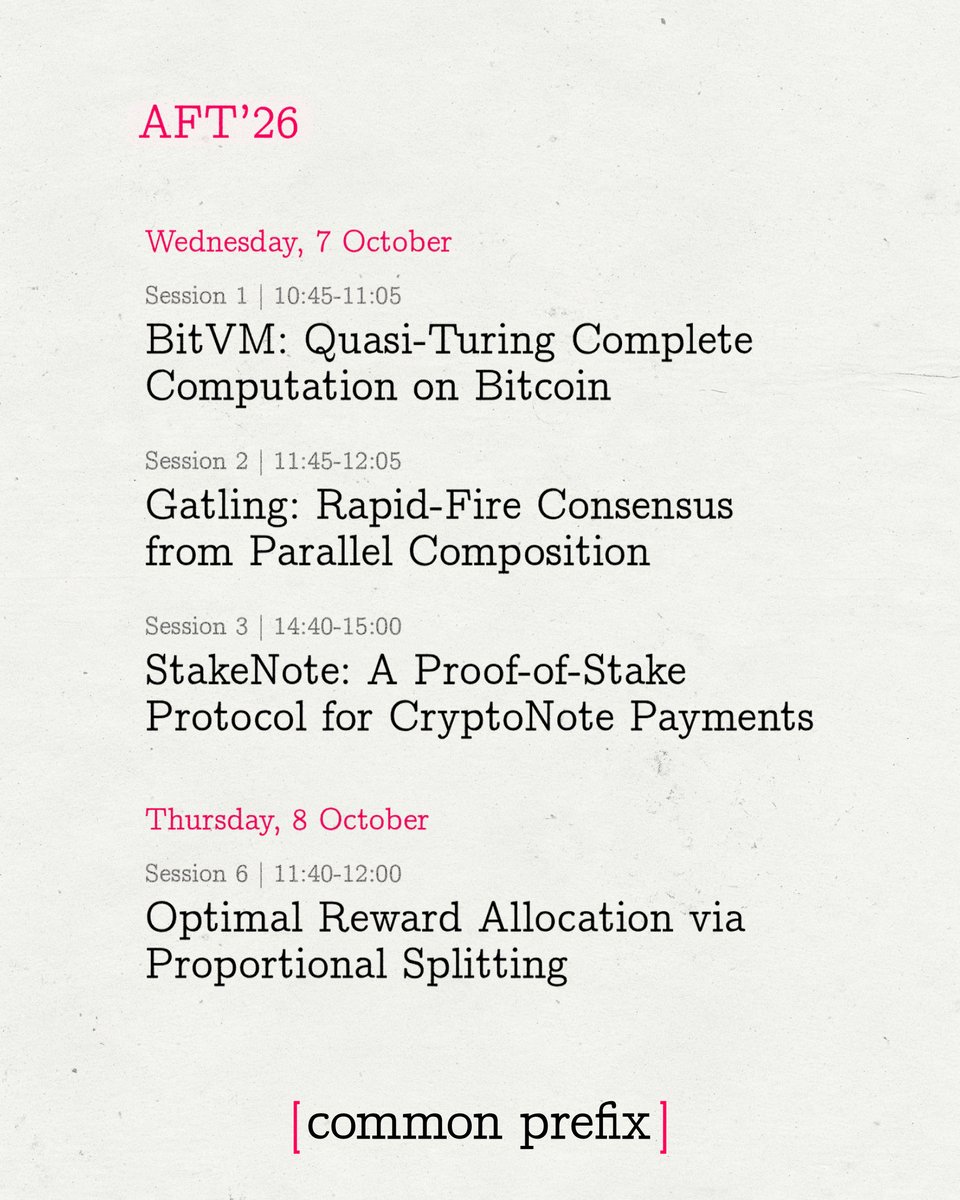 CommonPrefix's tweet photo. Four papers co-authored by Common Prefix researchers will be presented at the Advances in Financial Technologies (AFT) conference, held next week at the London School of Economics.

Full schedule below. https://t.co/LhwQ7QzdC2