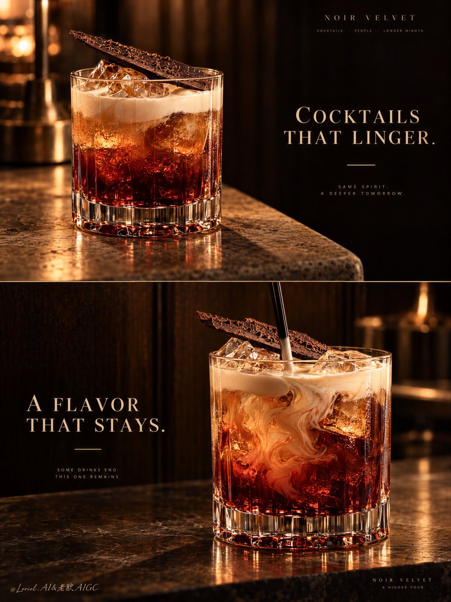 ou_zhen599's tweet photo. A two-panel drink campaign becomes a system when the second image changes the moment, not the identity.
🍫 repeat the same rocks glass, red-to-amber liquid body, pale cream top, and diagonal chocolate shard in both panels
The viewer recognizes one signature serve instantly. The campaign gains range without looking like two unrelated cocktails.
🌀 keep the upper panel still; reserve motion for the lower panel, where a black stirrer folds cream slowly into the amber-red drink
The contrast creates a visual sequence: first the object of desire, then the ritual of making it. The motion stays elegant because everything else remains controlled.

GPT- image 2.5 prompt👇
A premium cocktail campaign poster for fictional bar brand NOIR VELVET, merging emotional atmosphere, material precision, and curatorial restraint into one unified two-panel vertical advertising image. Preserve the exact luxury-drinks structure: two stacked horizontal panels, warm low-key bar atmosphere, dark wood and amber light language, one hero cocktail per panel, elegant text zones in negative space, and a strict campaign-wide product identity. Both cocktails must feel like the same brand family, bar program, and visual universe.

Top panel: a close three-quarter beauty shot of a short crystal rocks glass on a softly lit stone or travertine bar edge. The cocktail is the hero: deep garnet-red at the base, glowing amber through the middle, topped with soft pale cream foam, with clear ice catching warm highlights. A thin crisp chocolate shard or cocoa tuile rests diagonally on top as the unmistakable signature garnish. The glass is heavy, premium, and hyperreal, with thick base refraction, subtle condensation, and rich liquid glow. On the right side, keep a calm dark negative-space zone for elegant English typography such as “COCKTAILS THAT LINGER.” in refined serif capitals, with one thin accent line beneath. This panel should feel quieter, stiller, and more seductive.

Bottom panel: a second hero variation from the same drink family, larger and more front-facing, placed slightly right of center on a polished bar or stone surface against a deep dark wood backdrop. Keep the same short crystal glass, same red-to-amber body, same pale cream top note, and same chocolate garnish language. The liquid is shown in a fresh stirring moment, with cream folding into the amber-red body, visible ice, and a black stirrer descending from above. The motion should feel hypnotic but controlled, never messy. On the left side, preserve a clean text zone for a secondary English line such as “A FLAVOR THAT STAYS.” in the same typography system, with the same minimal accent.

This is a tightly controlled product-promotion image, so the drinks must dominate at all times. No human figures, cluttered props, random garnish drift, or extra fruit unless extremely restrained. The signature identity must stay absolute across both panels: same glassware family, color hierarchy, cream signature, chocolate accent, warm cinematic bar light, typography discipline, and editorial quietness. The result should feel like Orbit, Transit, and Port fused together: emotionally warm, materially exact, and elevated into a global luxury hospitality campaign.

Lighting is the key mood engine: warm directional amber key light from the upper side, soft fill preserving crystal, foam, and ice detail, deep brown-black background separation, glowing reflections through the red base, and smooth highlights on the cream and garnish. Color hierarchy: 60% dark espresso brown, black walnut, and shadowed bar tones, 30% garnet, burnt amber, and cognac-red liquid glow, 10% ivory foam and warm highlights. Materials must feel hyperreal and tactile: thick crystal glass, melting ice edges, silky cream foam, glossy liqueur body, delicate chocolate texture, polished stone, and dark timber depth.

Typography must be original, elegant, and integrated like luxury hospitality branding. Use English only. Keep it minimal, serif-led, widely spaced, and never touching the core recognition area of the drinks. If needed, place “NOIR VELVET” subtly in one corner or between the panels. The final result should feel like a Cannes-level cocktail poster: sensual, warm, product-dominant, graphically disciplined, globally polished, and unforgettable. No copied text, no messy splashes, no muddy shadows, no broken glass geometry, no cheap nightclub look, no clutter.