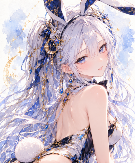 LUNARIA2026's tweet photo. 振り返った、その一瞬。🌙✨
いつもと少し違うルナリア、どうですか？🐰💙
月と星をまとったバニースタイルで、ちょっぴり大人っぽく🌙
#LUNARIAWORLD #ルナリア #AIイラスト #AIart https://t.co/0wDraYMxn5