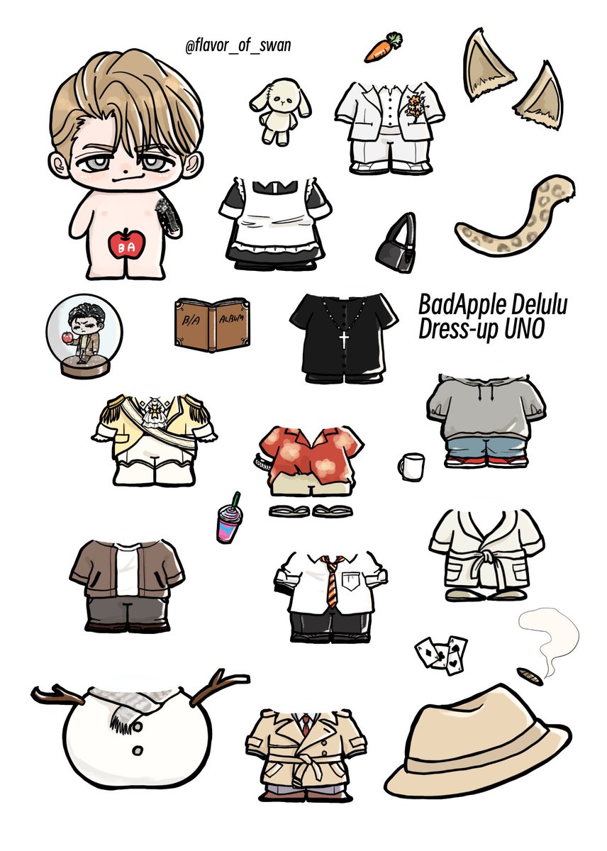flavor_of_swan's tweet photo. 🍎フォロワーさんと以前描いたUNOの着せ替えイラストのお話が出たので皆さんに自由に使って頂ける様にGoogle driveにアップしました
2枚目は印刷して切り取って使うと着せ替えの様に遊べます（ズレてたらごめんね）
https://t.co/VpAM1NyFtc
※個人利用のみ
※アクスタ等のMD作成はNGです https://t.co/JZk6eTXBCp