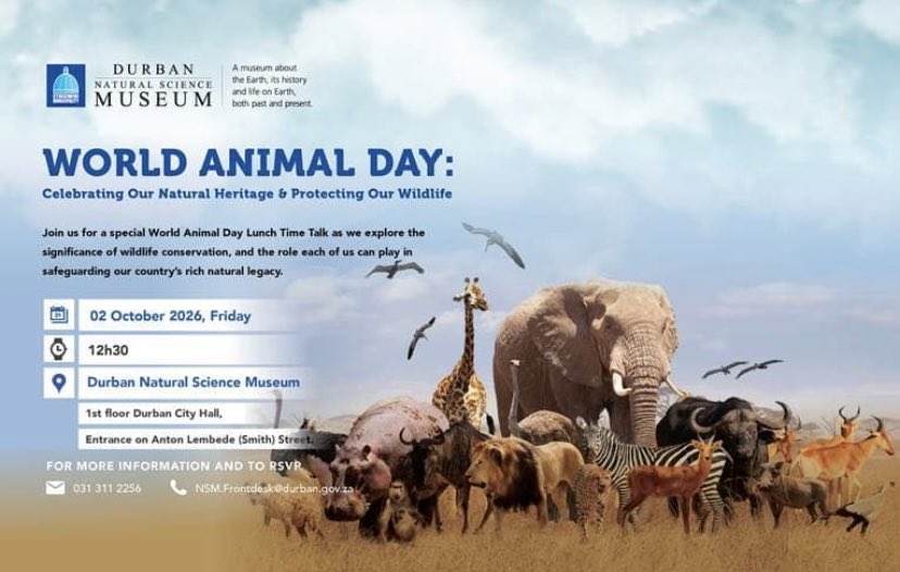 LBMancoba's tweet photo. Students explore wildlife exhibits at the Durban Natural Science Museum as the city marks World Animal Day. The event highlights South Africa’s natural heritage and the importance of protecting wildlife.

#WorldAnimalDay #Durban #Wildlife #Conservation https://t.co/3jzoFFJZX3
