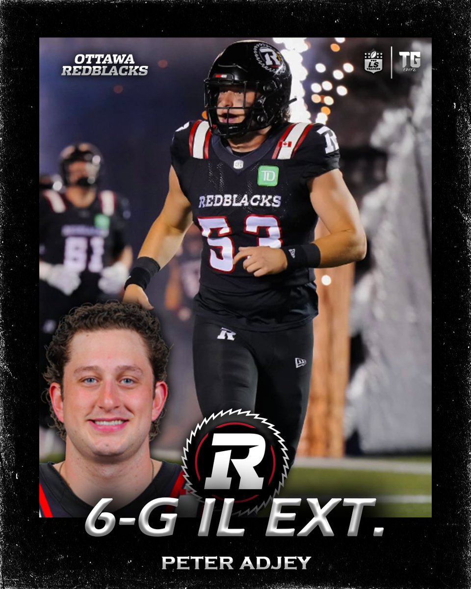 ProSnapTracker's tweet photo. 6-GAME IL EXTENDED:

The Redblackshave extended Peter Adjey on the 6-Game Injured List. Adjey has been dealing with an elbow injury.

#PeterAdjey #Redblacks #LongSnap #LongSnapper #LongSnapping #Football #Pro #CFL https://t.co/bJtmPY3uSR