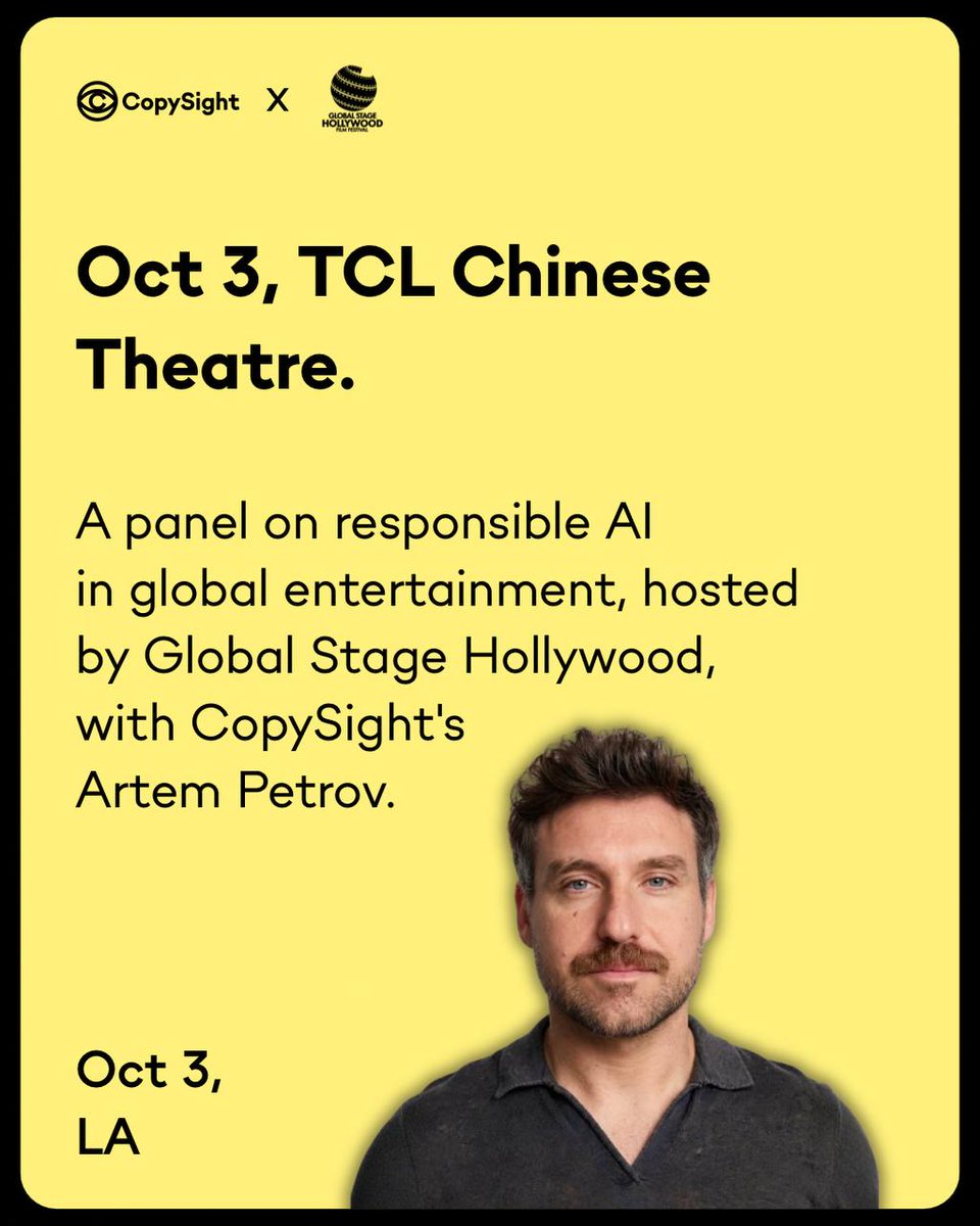 CopySightAI's tweet photo. "Responsible AI" is the studio phrase of the year. At E&O renewal the insurer asks something narrower: what's in the file, and who checked it?

We're on the Global Stage Hollywood panel at the TCL Chinese Theatre tomorrow to talk about exactly that. Oct 3, LA.

Get your tickets: https://t.co/k2cXxnDr4m