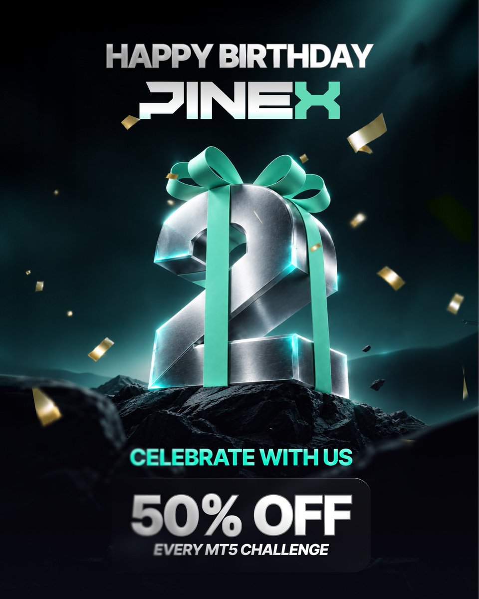 pinexcapital's tweet photo. 🎉 It’s PineX Capital’s birthday! 🎉

We’re celebrating another year of PineX with the people who make the journey worth it: our community. 🥂

To mark the occasion, we’re giving you 50% OFF all MT5 Challenges.

Here’s to another year of challenges, growth and big goals. 💚

Happy Birthday, PineX! 🚀