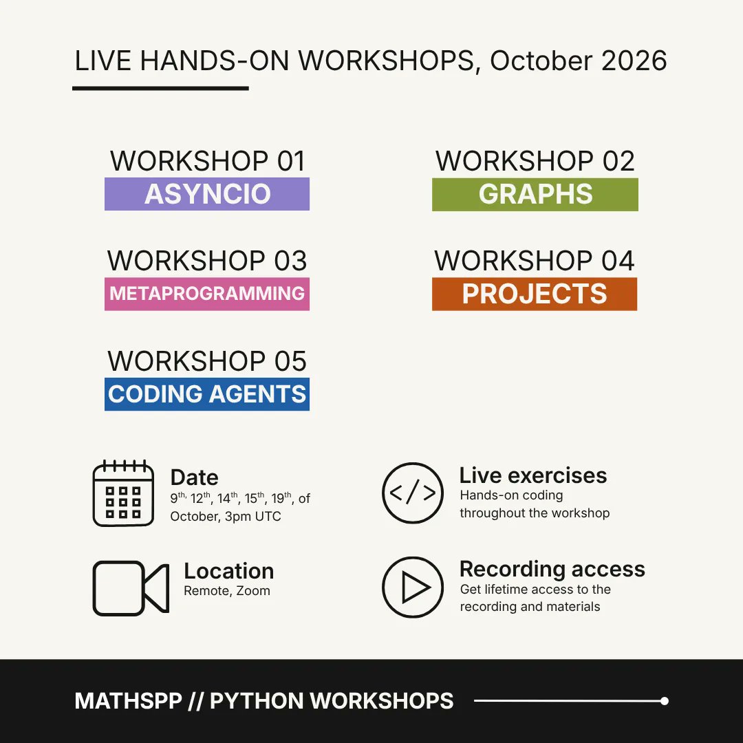 mathsppblog's tweet photo. While we wait for Python 3.15.0 next week, let me tell you that in October I'm running 5 Python live workshops.

3h of live coding, hands-on practice, and lots of learning.

More details below 👇 and share this with a friend who might want to sign-up!

(Link in my profile.) https://t.co/bZJBSSUzhM