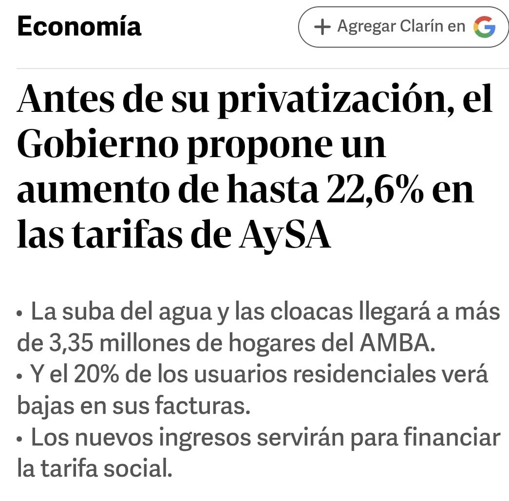 AlvarodLamadrid's tweet photo. Mucho discurso de soberanía, pero están desesperados por entregarle el agua a los amigos del poder. Primero te clavan un tarifazo y después se la llevan toda. Privatizan las ganancias y a vos te toca pagar las pérdidas. https://t.co/B0HX8DgLhT
