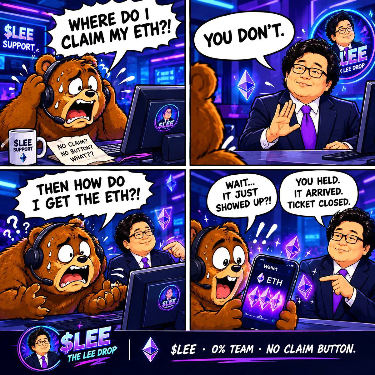 mofweb3space001's tweet photo. My memes entry into the $LEE meme contest!!

Bro really opened a support ticket asking where to claim his ETH 😭😂

$LEE support: “you don’t.”, guess he was probably expecting a 14-step tutorial, 3 wallet connections and a captcha 💀

Turns out he just had to hold $LEE and let the drop do its thing, you held, it arrived, ticket closed. 😂

#LEEMemeContest @leedropps @zenithofweb3