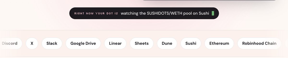 mysushidots's tweet photo. Your dot works where your work already lives.

Gmail · Calendar · Notion · GitHub · Slack · Discord · Telegram · Drive · Linear · Sheets · Dune · MetaMask

Plus native awareness of Ethereum, Robinhood Chain and Sushi.

One agent. Every context.
https://t.co/KsibPVwSOJ https://t.co/7jQOZpBQCK