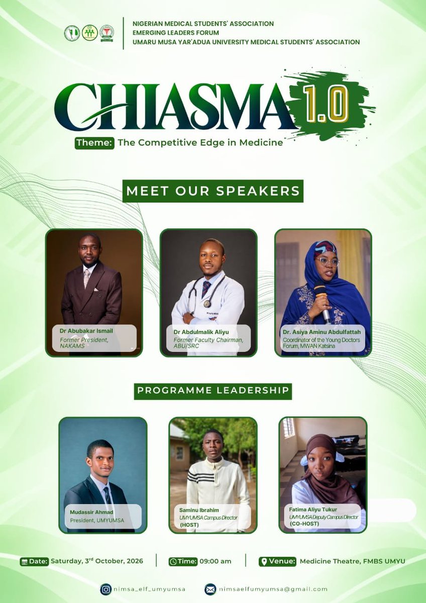 abubakar__zango's tweet photo. Honoured to be speaking at CHIASMA 1.0 tomorrow, themed The Competitive Edge in Medicine, with Dr Abdulmalik Aliyu and Dr Asiya Aminu Abdulfattah. 🩺
Excited to engage the next generation of medical leaders at UMYU. https://t.co/Xf3MwT9TcE