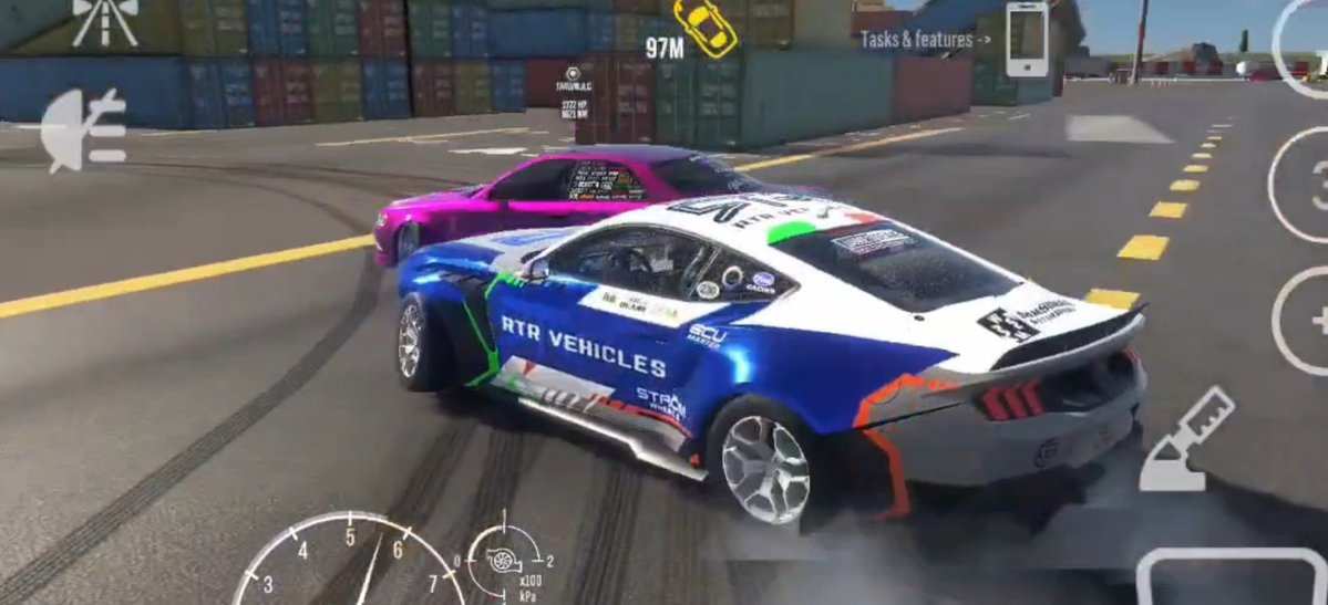 Screenshot from a mobile racing game showing a blue, white, and pink sports car drifting with 'RTR VEHICLES' and 'STORM' decals near shipping containers, with HUD elements including a speedometer.