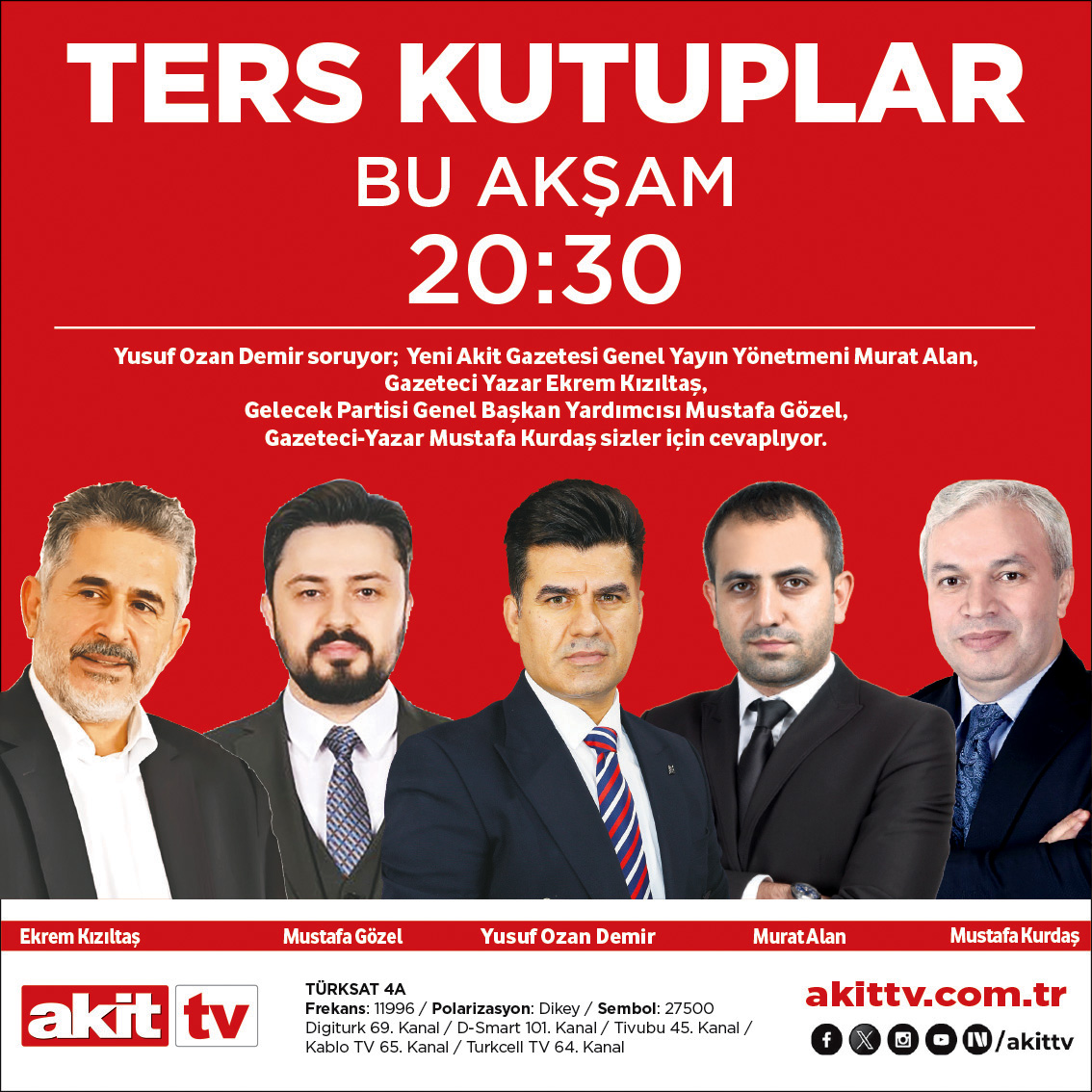 yeniakit's tweet photo. Akit TV ekranlarında yayınlanan Ters Kutuplar, bu akşam saat 20:30'da izleyicisiyle buluşuyor. Yusuf Ozan Demir'in moderatörlüğünde gerçekleşecek programda; Murat Alan, Ekrem Kızıltaş, Mustafa Gözel ve Mustafa Kurdaş gündemin en çok konuşulan başlıklarını değerlendirecek. https://t.co/hS2tXNDAi4