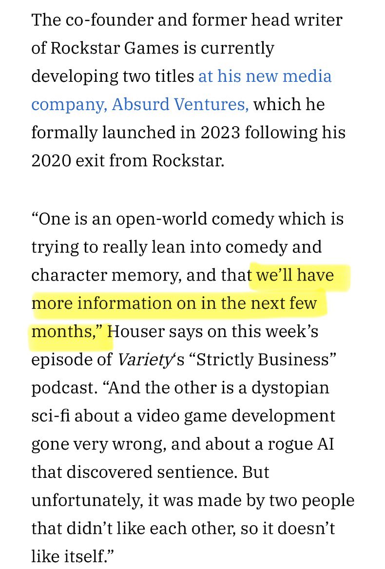 GameRoll_'s tweet photo. Absurd Ventures, Dan Houser’s new studio alongside Lazlow Jones, Michael Unsworth and other Rockstar Games icons, will be revealing their first open-world game within the next few months.

This sounds VERY exciting. I think there’s a good chance that we get a reveal at The Game Awards. Dan Houser appeared on stage there last year, it would be a fantastic place to reveal it. The synopsis sounds amazing and very synonymous with Dan’s past stuff. 

Absurd has also created some awesome stories already. American Caper is one of my favourite comics. Keep an eye out on this studio. 

(Article from Variety: https://t.co/LcD6IORsGg)