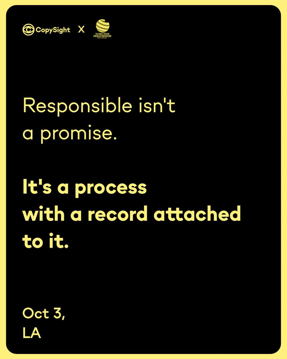 CopySightAI's tweet photo. "Responsible AI" is the studio phrase of the year. At E&O renewal the insurer asks something narrower: what's in the file, and who checked it?

We're on the Global Stage Hollywood panel at the TCL Chinese Theatre tomorrow to talk about exactly that. Oct 3, LA.

Get your tickets: https://t.co/k2cXxnDr4m