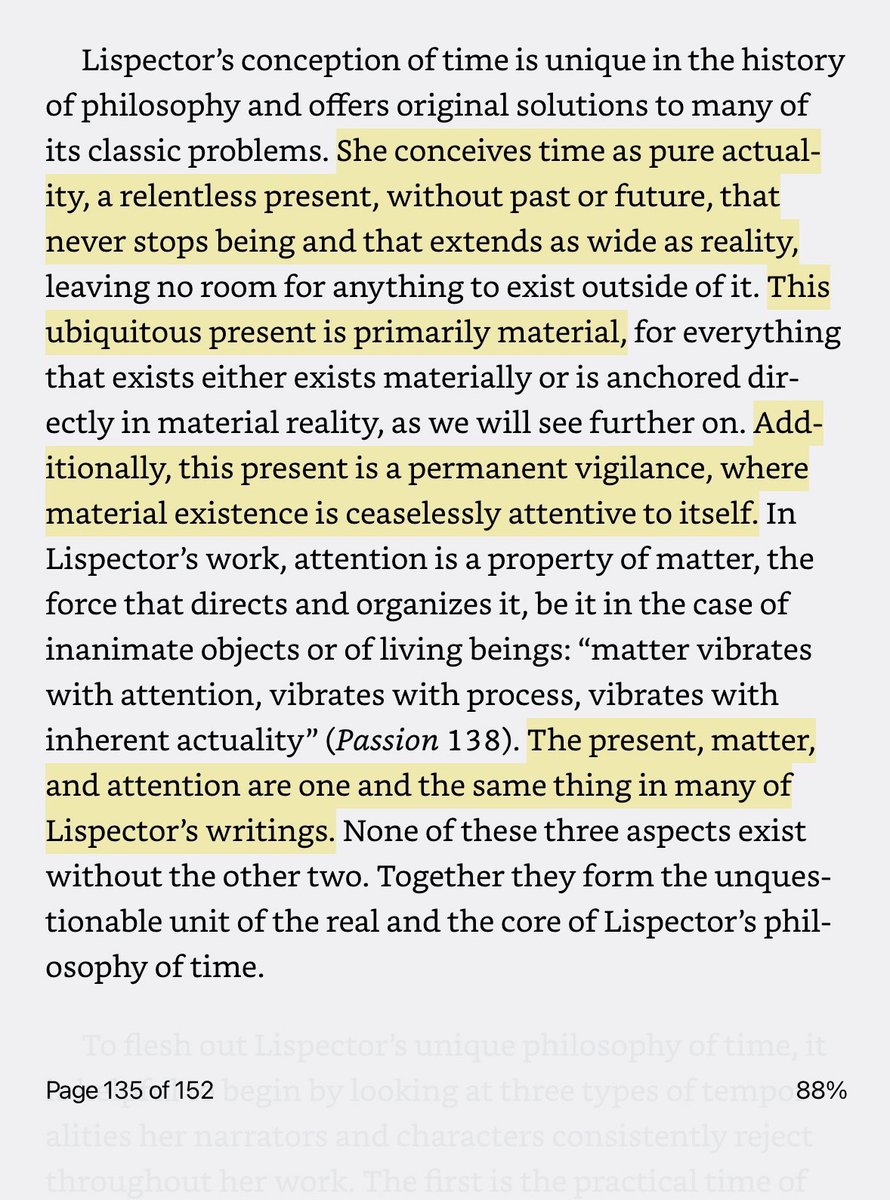 nicoscosc's tweet photo. “…this present is a permanent vigilance, where material existence is ceaselessly attentive to itself.”

— this morning’s reading:

Paula Marchesini, “Clarice Lispector’s Philosophy of Time” https://t.co/RqfeiT88Ot
