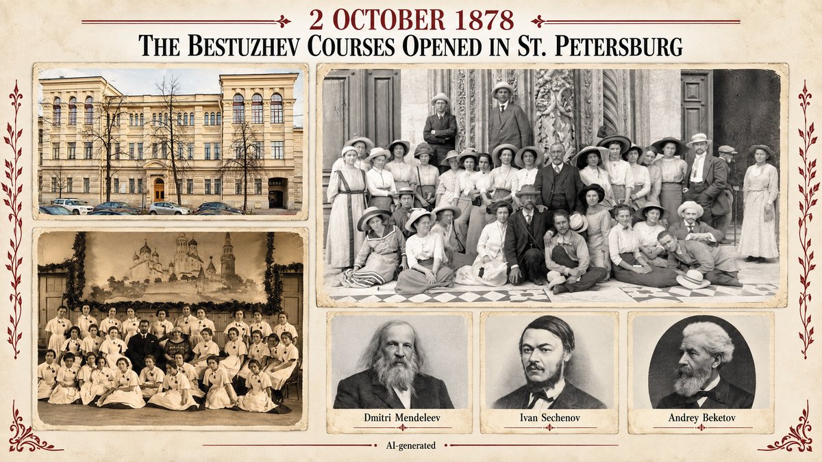 Russia's tweet photo. 🇷🇺 #OTD in 1878, the Bestuzhev Courses opened in St. Petersburg — first institution of higher education for women in Russia.

👩‍🎓 Named after their first director, Vladimir Bestuzhev-Ryumin, the Courses later educated thousands of women. 

#GirlsPower 💪 https://t.co/AXtyKapWHG