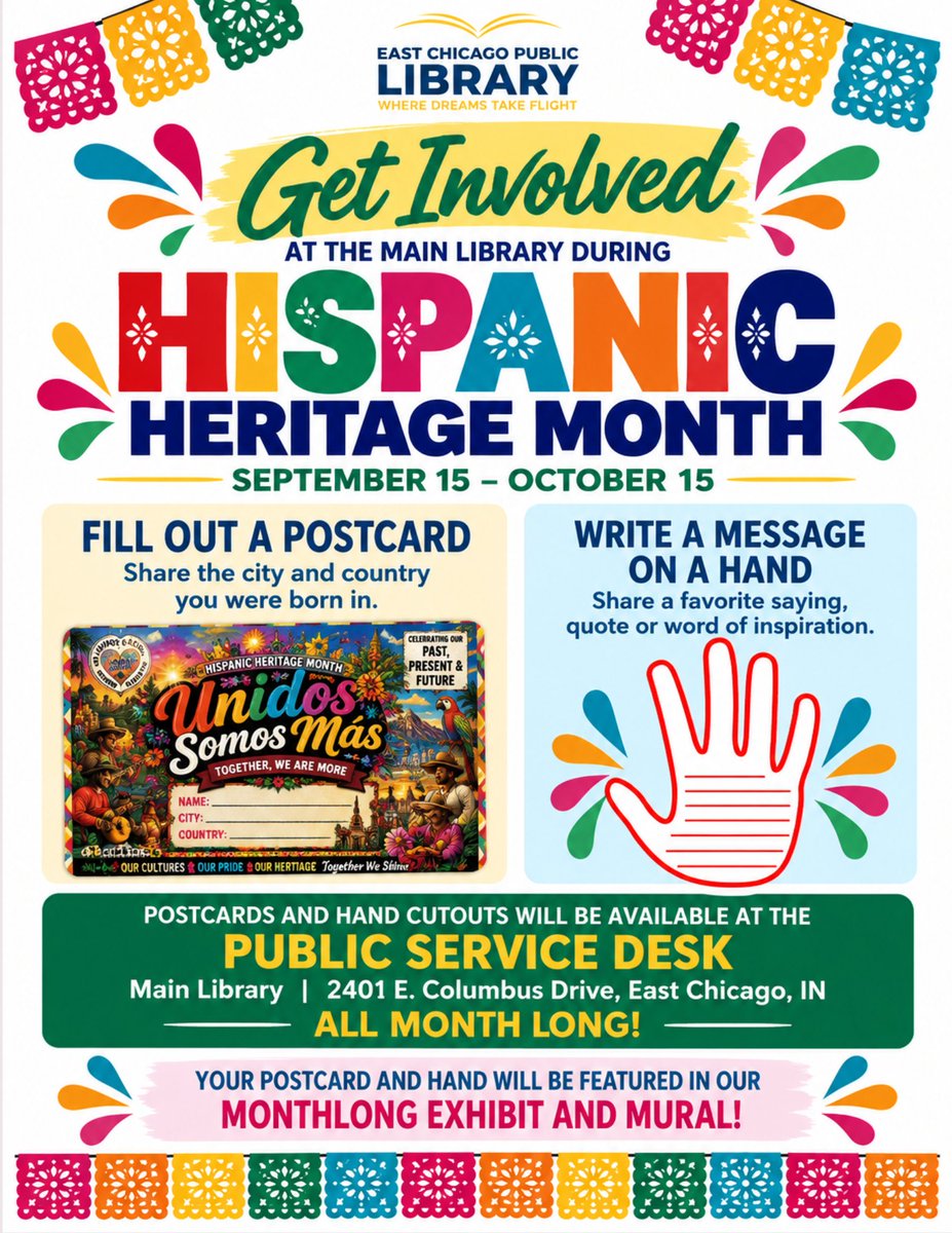 ECPublicLibrary's tweet photo. ~💖¡Feliz Mes de la Herencia Hispana!💖~

We're calling out for all our community members of Hispanic descent to stop by the Main Library this month to get involved in our celebration of Hispanic Life &amp; Culture!

Come by our Public Service Desk to fill out a postcard! https://t.co/QylcAr8md4