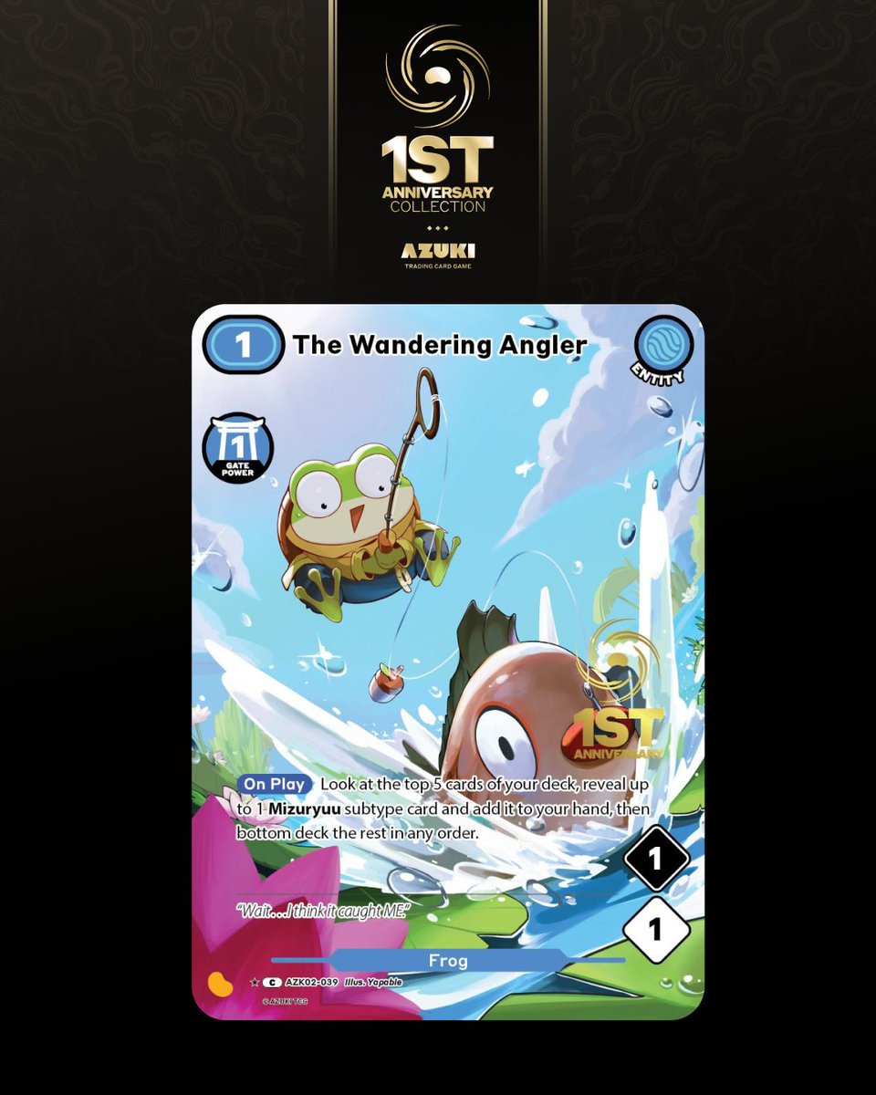 Azuki's tweet photo. Azuki community artist @Joshuayapable illustrated The Wandering Angler 🐸🎣

This exclusive alt art card is part of the Azuki TCG 1st Anniversary Collection. https://t.co/L8MhYgekoJ