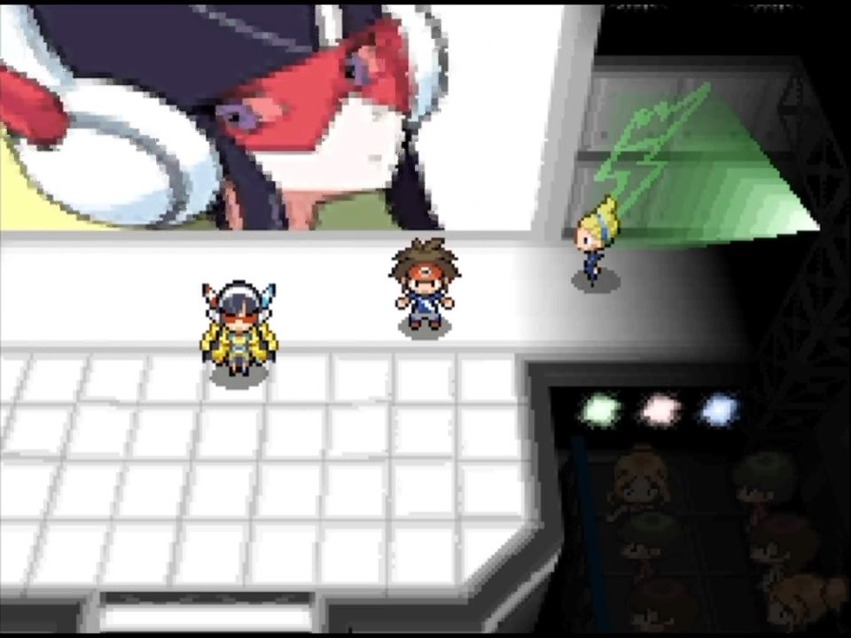 A pixel art game scene featuring small character sprites on a tiled floor, with a large anime character portrait overlay in the upper left.
