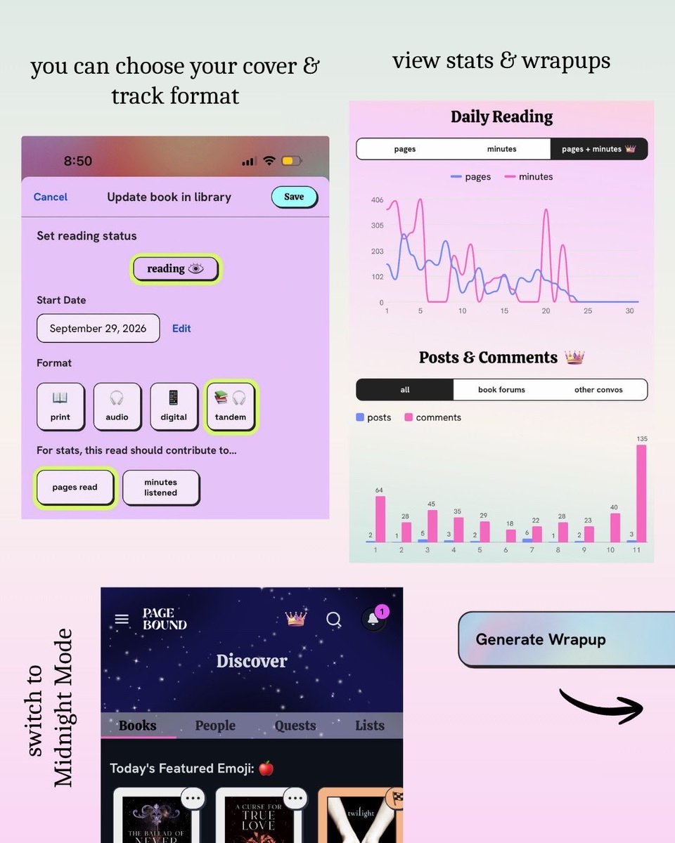 pageboundapp's tweet photo. a little retrospective of how the app has changed and improved in its first year!

what hasn’t changed—our commitment to keep Pagebound
1️⃣ 100% human
2️⃣ free to use
3️⃣ focused on evergreen discussions about books https://t.co/Kf6BTOnpka