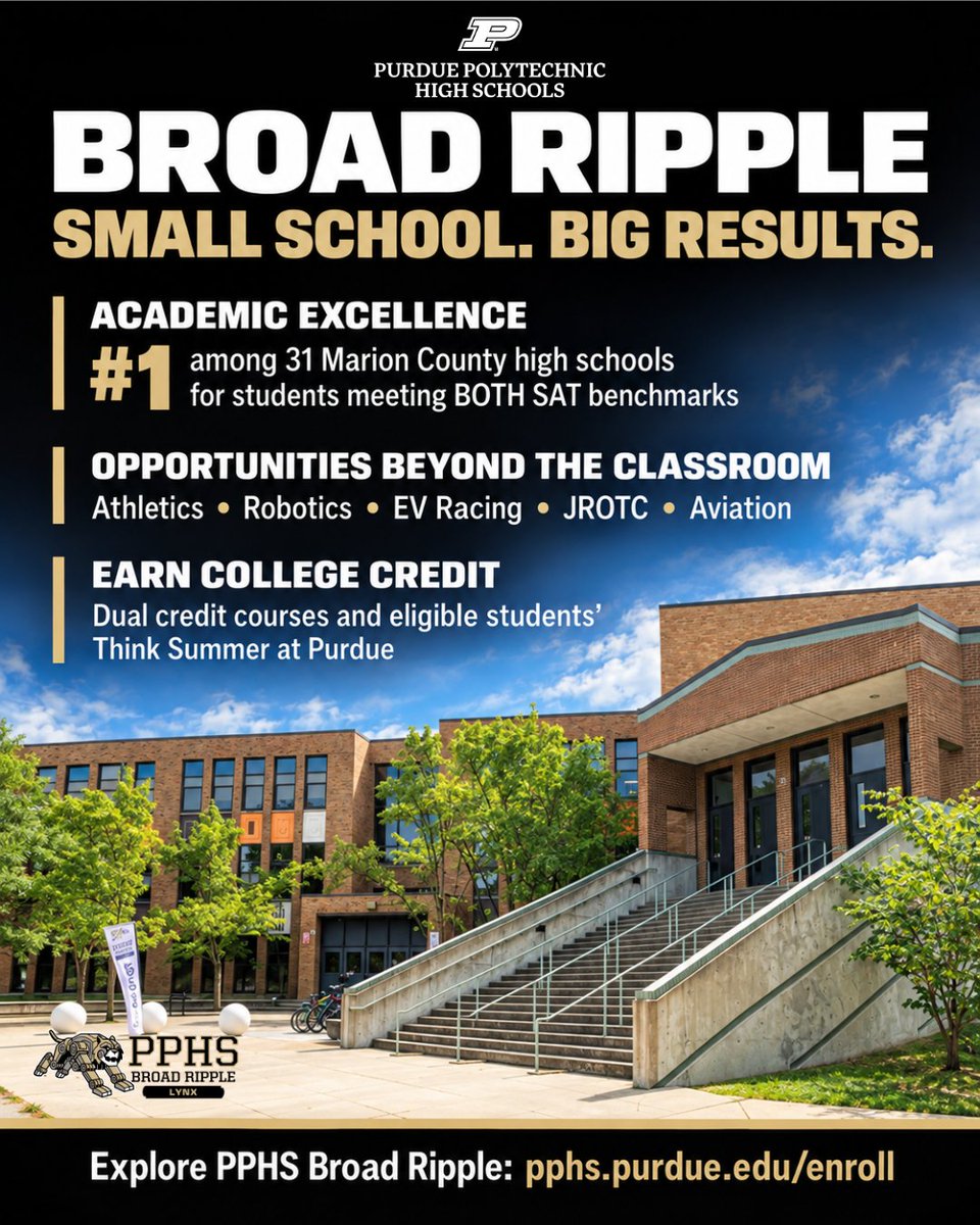 PurduePolyHS's tweet photo. Why PPHS Broad Ripple? Academic excellence, opportunities beyond the classroom, and a head start on college. Our students can compete with the Lynx, build through robotics and EV Racing, and earn college credit in high school. Explore PPHS: https://t.co/KwmixDkrOS https://t.co/ToRGFQ34Nm