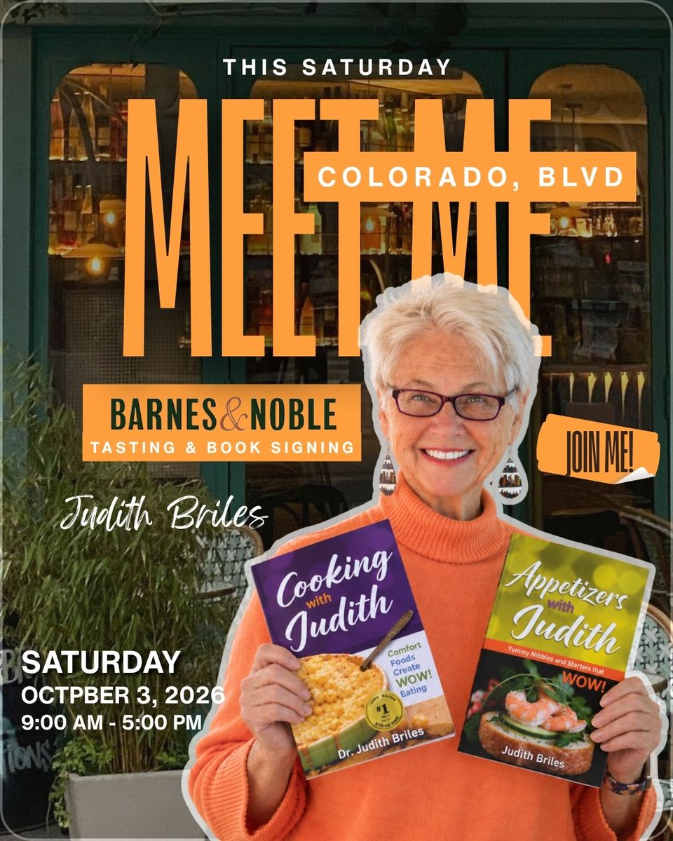 mybookshepherd's tweet photo. Are you in Colorado? Stop in and say hello—I’m signing my new book, Appetizers with Judith, plus a few tasty samples on SATURDAY. Books at BN Colorado, Blvd., from 9-5. @bncoloradoblvd @BN @JudithBriles
#books #gifts #weekend #bookreaders #foodies #ColoradoBlvd https://t.co/A2feXy1PA9